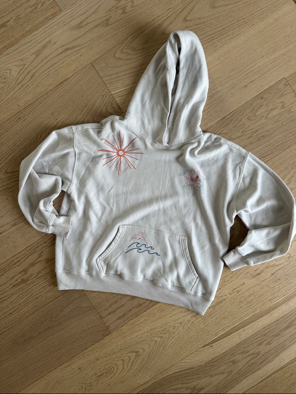 Cream Graphic Hoodie with Sun, Wave & Floral Embroidery